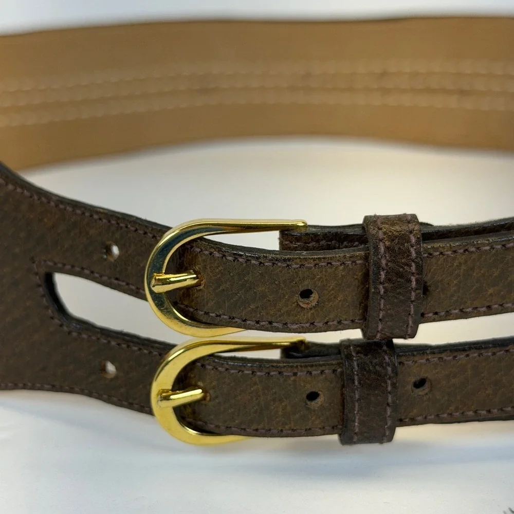 Morris Moskowitz Leather Double Buckle Belt Women's Size 30‎ Gold Tone Hardware